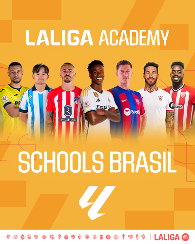 Banner da LALIGA Academy Schools Brasil com jogadores profissionais de futebol ao fundo.