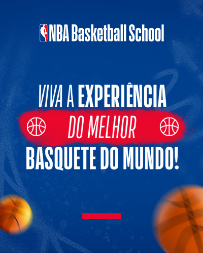 Banner escrito "viva a experiencia do melhor basquete do mundo!", com bolas de basquete ao fundo.